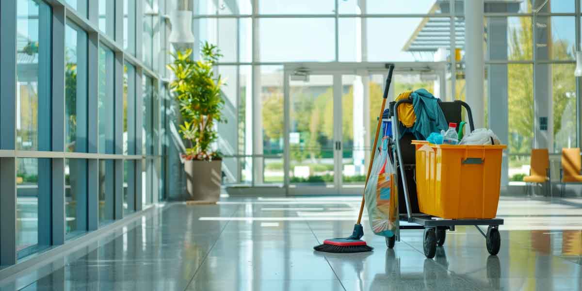 Home local cleaning business janitorial cart in lobby 1200x600 1